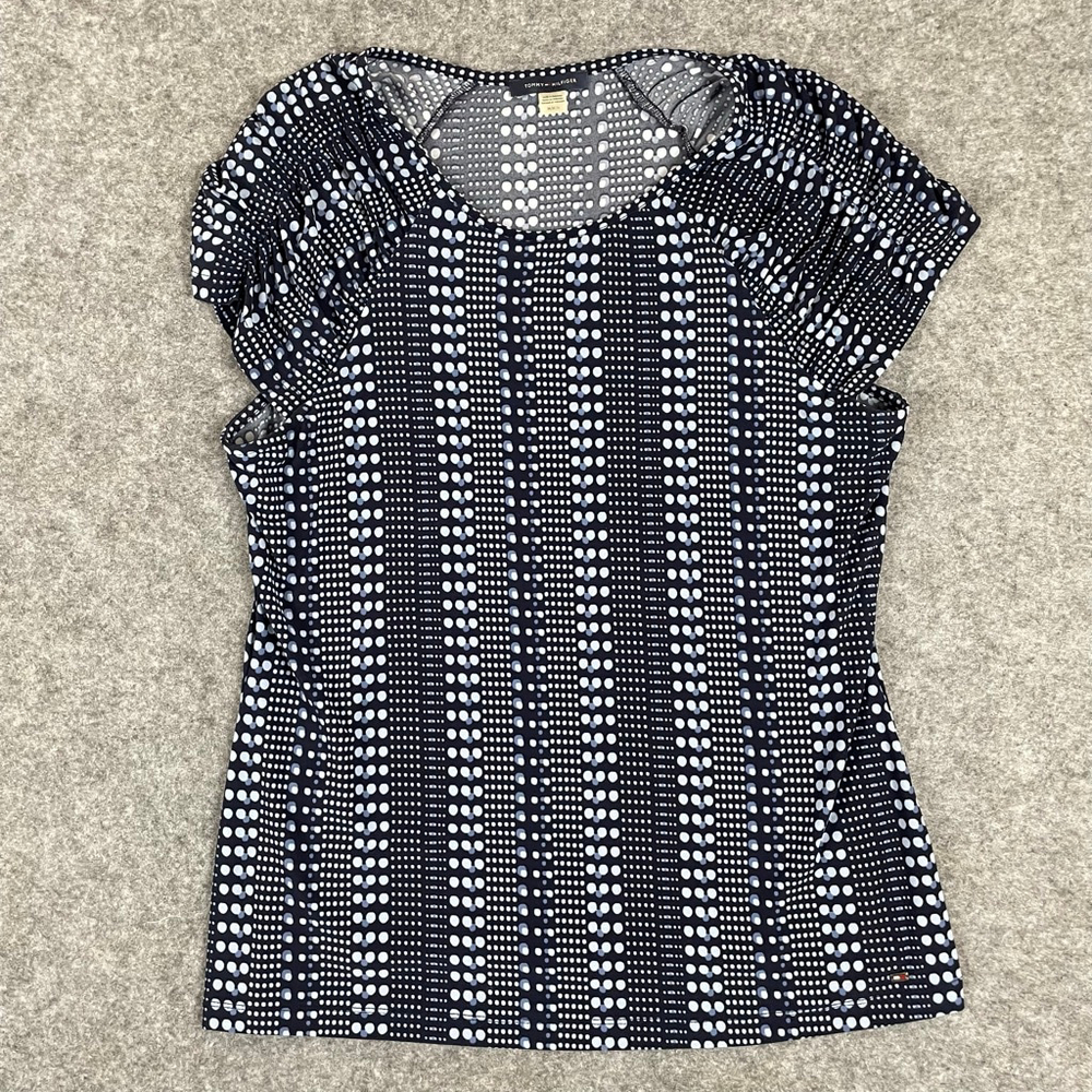 Tommy Hilfiger Womens Medium Navy White Dot Stretch Short Sleeve Top - Picture 5 of 10